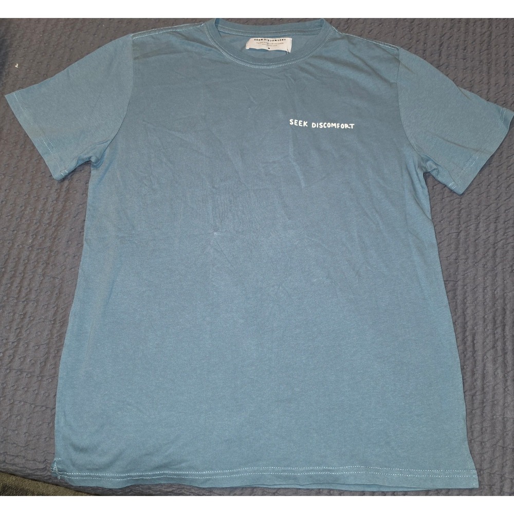 Seek Discomfort Love Over Fear Graphic T-Shirt Blue Organic Cotton M New w/ Tag